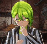 a girl with green hair and yellow eyes is wearing a black and white striped jacket