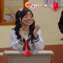 a girl in a school uniform is sitting at a desk in front of a sign that says freefire