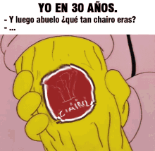 a cartoon character is holding a can of chairo drink