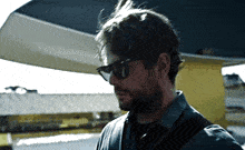 a man with a beard wearing sunglasses stands in front of a yellow building