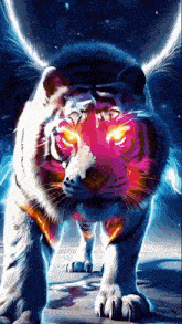 a painting of a white tiger with glowing red eyes