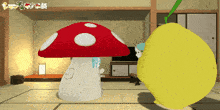 a mushroom and a lemon are standing next to each other in a living room