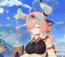 a girl with pink hair and horns is wearing a yellow top