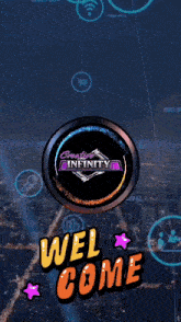a welcome screen for creative infinity shows a city at night