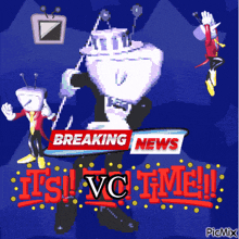 a cartoon of a robot with a breaking news sign behind him