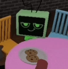 a cartoon character is sitting at a table with a plate of cookies and a sausage .