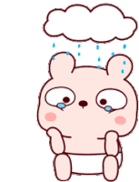 a cartoon rabbit is crying in the rain with a cloud above it