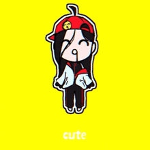 a cartoon of a girl wearing a red hat with the word cute underneath her