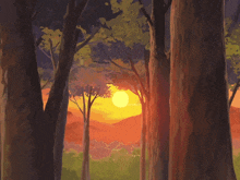 a painting of a sunset in a forest