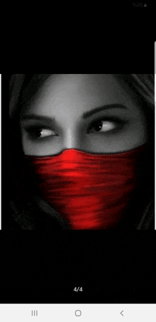 a black and white photo of a woman with a red mask on her face .