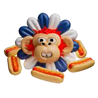 a monkey surrounded by hot dogs with mustard