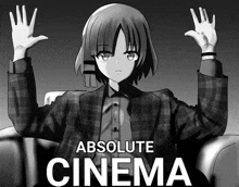 a black and white drawing of a girl in a suit sitting in a chair .