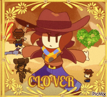 a cartoon of a cowboy with the word clover on the bottom
