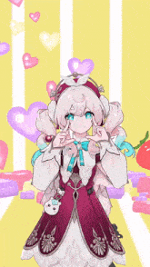 a girl with pink hair and blue eyes making a heart shape with her hands