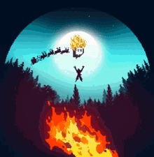 a pixel art of santa flying over a forest with a twitch logo