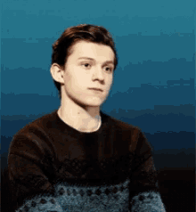 a young man wearing a sweater is looking at the camera .