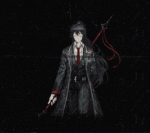 a girl with long black hair is holding a sword in a dark room