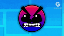 a cartoon angry face is displayed on a blue background