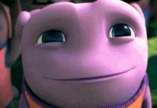 a close up of a purple cartoon character smiling