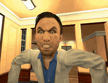 a man in a white coat and blue shirt making a funny face
