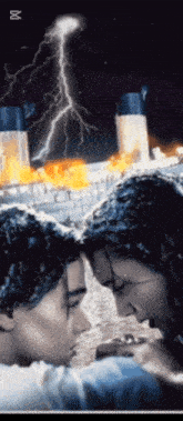 a man and a woman are looking at each other with a lightning strike in the background
