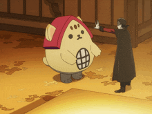 a cartoon drawing of a man standing next to a mascot
