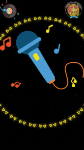 a microphone is in the middle of a neon circle with music notes surrounding it