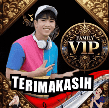 a picture of a man with headphones and the words family vip