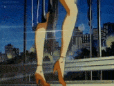 a woman in high heels is standing on a balcony in front of a city skyline .