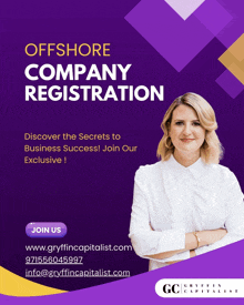 an advertisement for offshore company registration with a woman