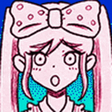 a drawing of a girl with a bow in her hair and a surprised look on her face .