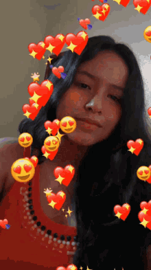 a girl in a red top is surrounded by red hearts and smiley faces