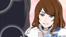 a girl with brown hair and blue eyes is smiling