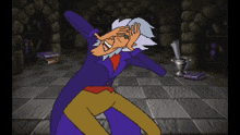 a cartoon of a man in a purple suit making a face