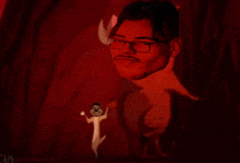 a man with glasses stands in front of a red curtain with a picture of a lion behind him