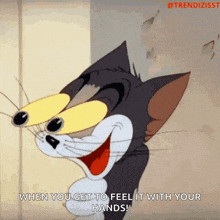a cartoon cat is smiling and saying when you get to feel it with your hands