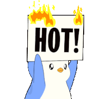 a penguin holding a sign that says hot on it