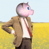 a man in a suit and tie has a pink pig head on his head
