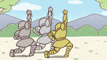 a cartoon drawing of a group of warriors with their arms in the air