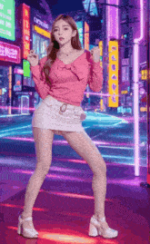 a woman in a pink top and white skirt is standing in front of a neon sign that says ' chicago '