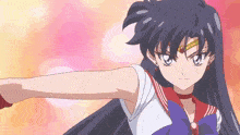 a girl with long black hair is wearing a white shirt and a red sailor suit