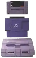 a nintendo super nintendo with three cartridges attached to it