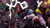 a group of anime characters are standing next to each other on a stage .