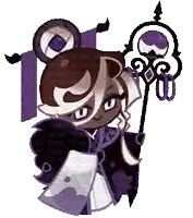 a pixel art of a cookie run character holding a wand and a skull .