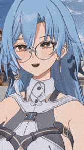 a blue haired anime girl wearing glasses and a white shirt