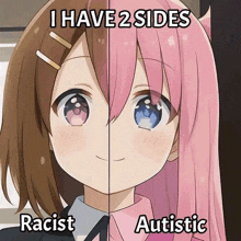 a picture of a girl with brown hair and pink hair with the caption " i have 2 sides "