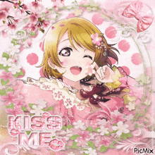 a picture of a girl with flowers on her head and the words kiss me