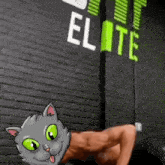 a cartoon cat is doing push ups in front of a sign that says elite