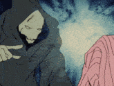 a cartoon of a grim reaper pointing at a pink cloth
