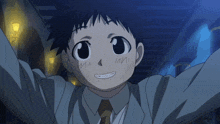 a young boy with his arms outstretched is smiling